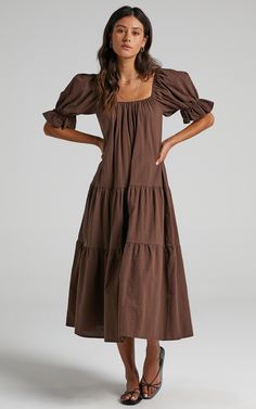 Zaharrah Dress in Chocolate Linen Look | Showpo Brown Midi Dress, Tiered Dress, Linen Dress, Anarkali, Puff Sleeve, Midi Skirt, Cold Shoulder Dress, Midi Dress, Bridesmaid Dresses