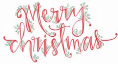 the words merry christmas written in red and green ink on a white paper with holly branches