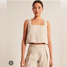 Brand New, Never Worn, Wrong Size Neutral Fitted Cropped Tops, Cropped Linen Workwear Tops, Spring Cropped Neutral Tops, Beige Cropped Top For Work, Fitted Linen Top In Beige, Chic Cropped Neutral Tops, Chic Neutral Cropped Tops, Fitted Beige Linen Top, Fitted Sleeveless Top In Neutral Color