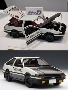 two pictures of the same model car in different stages, one is white and the other is black