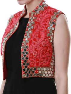 Coral mirror work Jacket Laam Fashion, Shrugs Designs, Mirror Work Jacket, Mirror Jacket, Coral Mirror, Red Vest, Work Jacket