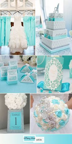 a collage of different pictures with blue and white wedding colors, including the bride's dress