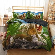 the dinosaur is walking through the jungle with his mouth open and tongue out on the bed