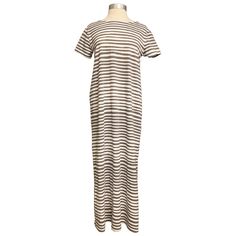 Long short sleeve dress in alternating grey and white stripes. Slit up one side for ease of movement. Size: Medium Final Sale: No returns, exchanges, or further discounts. Online only. Not available in store. --- 100% Cotton Machine wash cold. Line dry or tumble dry low Made in Thailand Long Sleeve Short Dress, Long Shorts, Short Sleeve Dress, All Fashion, Sleeve Dress, Jewelry Sales, Grey And White, Final Sale, White Stripe