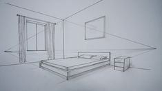 a drawing of a bedroom with a bed and nightstand