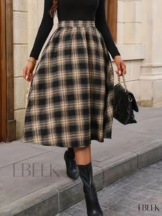 Ebeek - High-Waisted Plaid A-Line Midi Skirt - A Sophisticated Addition to Womens Clothing Collection Skirt Elegant, Big Curly Hair, High Waist Skirt, Elegant Skirt, Plaid Skirts, Plaid Pattern, Waist Skirt, Apricot, Types Of Printing