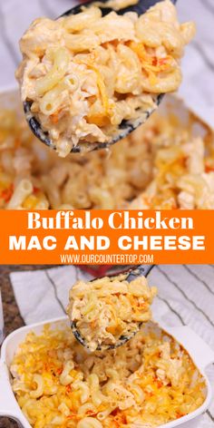 buffalo chicken mac and cheese is being lifted from a casserole dish