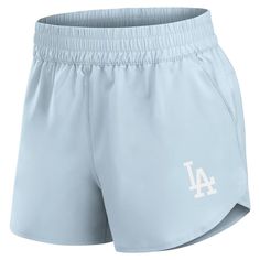 Women's Los Angeles Dodgers Fanatics Signature Light Blue Studio Woven Vibe Shorts Blue Athleisure Shorts With Comfort Waistband, Blue Shorts With Comfort Waistband For Workout, Summer Blue Activewear For Sports Events, Blue Workout Shorts With Comfort Waistband, Blue Comfort Waistband Shorts For Workout, Blue Shorts With Comfort Waistband For Gym, Athleisure Athletic Shorts With Elastic Waistband, Summer Athleisure Activewear With Comfort Waistband, Blue Activewear With Letter Print For Sports