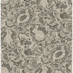 an old wallpaper pattern with birds and flowers on the side, in grey and white