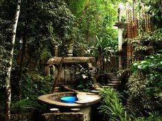 an outdoor fountain surrounded by greenery and trees in the middle of a forest with stairs leading up to it