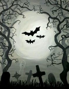 a cemetery with bats flying over it and the moon in the sky, behind them