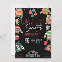 ugly sweaters christmas party card with lights and snowflakes on the black background