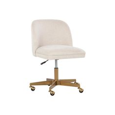 a white office chair with wheels and casteors