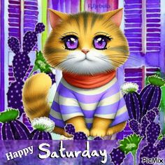 a happy saturday card with a cat wearing a scarf and cactus in front of purple buildings