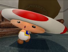 an animated mushroom is standing in front of a couch