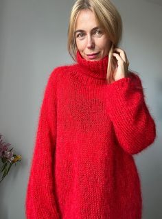 SWEATER WOMEN Red Mohair 100% HAND MADE CAN BE SHIPPED WORLDWIDE AVAILABLE IN MORE THAN 20 COLORS Beautiful gifts for girls and women in any ages. All items are beautifully wrapped. Ready to be a gift for your lovely person. YARN:  High quality yarn 25% mohair, 24% wool, 51% acrylic COMPOSITION & CARE:  Please treat your new sweater with respect.  Hand wash in cold water then lay flat to dry. You can order longer sweater or sleeves / or shorter - please contact me in the convo. Can be ordered in different size or color. Other sizes made for order in 7 -14 days. The color on your computer monitor may be a little different Thank you for visiting my shop Made for happiness Casual Red Mohair Sweater, Red Soft Knit Turtleneck Sweater, Red Chunky Knit Turtleneck Sweater, Winter Mohair Sweater With Soft Knit, Winter Mohair Turtleneck Sweater, Mohair Turtleneck Sweater With Soft Knit, Soft Knit Mohair Turtleneck Sweater, Red Oversized Soft Knit Sweater, Red Knitted Sweater For Fall