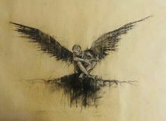 a drawing of an angel sitting on top of a piece of paper with black ink