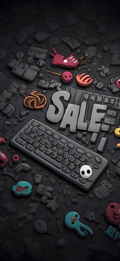 a computer keyboard surrounded by scissors and other items that spell out the word sale on a black background