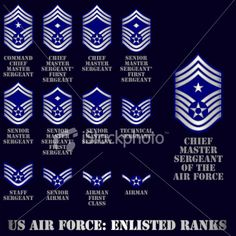 the us air force emblems and insignias are shown in blue on a black background