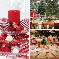 red and white christmas decorations are on display at the dining room table with candles, plates, and wine glasses