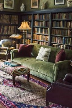 a living room filled with furniture and lots of books