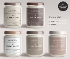 four jars with labels on them for different types of candles and body scrubs, all in various colors