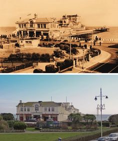 an old and new photo of a large house in the middle of two different pictures