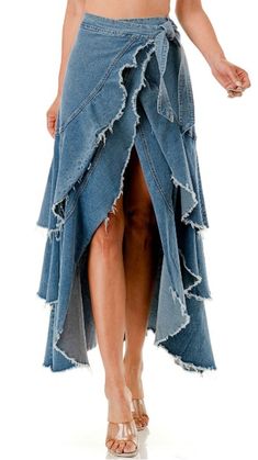 Our denim tiered ruffle skirt are flirty girl approved! Heavy weight denim. 3 buttons on the inside of wrap, tie on the outside. No stretch Diy Denim Dress, Upcycled Denim Fashion, Ruffle Jean Skirt, Denim Ruffle Skirt, Upcycled Items, Denim Ruffle Dress, Jean Purses, Upcycled Jeans, Upcycled Dress