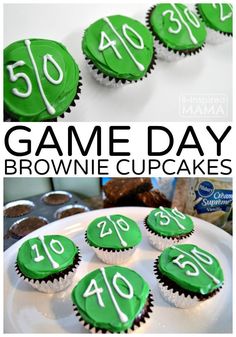 game day brownie cupcakes with green frosting and white numbers on them