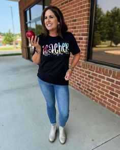 Get ready to embrace the school season with this stylish Teacher Ombre Bella Canvas Tee. This short-sleeve tee features an element of chic with its bold black color and colorful ombre writing that says "Coffee, Crayons, Kids" under TEACHER. Its comfortable fit and soft fabric ensure all-day comfort, making it perfect for long school days. Whether it's a casual Friday or a back-to-school event, this tee lends a fun twist to your everyday wear. Material: 100% Cotton Stacy is 5'4", bust 36C, 7/8 in School Event, School Season, Bella Canvas Tees, Casual Friday, Curvy Dress, Bold Black, School Days, The School, Sweater Jacket