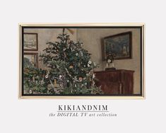 the digital tv art collection is displayed in front of a christmas tree with ornaments on it