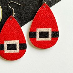 Made With Faux Leather And Any Metal Hooks Perfect For The Office Christmas Party. Christmas Leather Earrings, Leather Christmas Earrings, Leather Earrings Cricut, Christmas Market Ideas, Diy Christmas Earrings, Earrings Cricut, The Office Christmas Party, The Office Christmas, Santa Belt