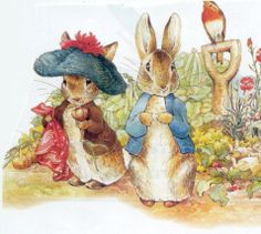 two rabbits dressed in costumes and hats are standing next to each other, one is holding a bird