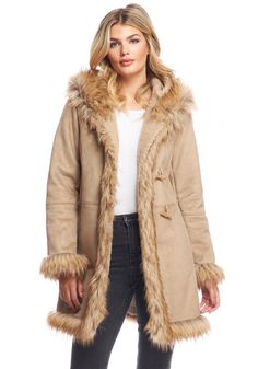 Latte Faux Suede and Faux Fur Alpine Hooded Coat Fall Cold Weather Fur Coat With Double-lined Hood, Fall Double-lined Hood Fur Coat For Cold Weather, Fall Fur Coat With Double-lined Hood For Cold Weather, Hooded Faux Fur Fall Parka, Hooded Faux Fur Parka For Fall, Fall Faux Fur Hooded Jacket With Faux Fur Trim, Fall Hooded Faux Fur Jacket With Fur Trim, Fall Hooded Jacket With Faux Fur Lining, Cold Weather Long Coat Parka With Faux Fur Trim