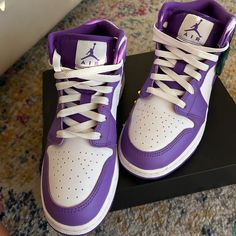 Super Cute!! Worn Once! Authentic. Quinceanera Shoes Purple, Purple High-top Sneakers, Quinceanera Shoes Sneakers, Jordan Shoes Purple, Sweet 16 Shoes, Purple Sweet 16, Cute Jordans, High Top Jordans, Quinceanera Shoes