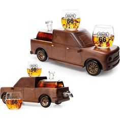 a wooden toy car with beer glasses on top