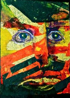 an abstract painting of a man's face with multiple colors and lines on it