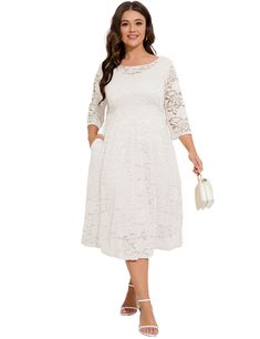 White Hollow-out Pocketed Lace Plus Size Dress White Party Dress With Pockets, Lace Plus Size Dress, Clothing Plus Size, Simple Wedding, Dress Plus Size, Simple Weddings, Plus Size Dress, Plus Size Clothing, Size Clothing