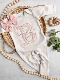 Personalized Baby Romper Embroidered Monogram - The Perfect Newborn Outfit This adorable outfit isn't just a Newborn Coming Home Outfit; it's a warm embrace for your little one's first moments in this world. This outfit makes a perfect coming-home outfit, newborn picture, or baby shower gift. This features a soft oatme Cute Embroidered Fitted Sets, Pink Cotton Baptism Onesie, Cotton Onesie For Baptism, Baby Going Home Outfit, Newborn Coming Home Outfit, Baby Coming Home Outfit, Girls Coming Home Outfit, Going Home Outfit, Take Home Outfit