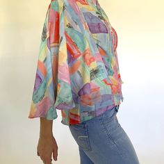 Multicolored Capelet Top. Button Down Large Bell Sleeves. Nwt. Art Deco. Capelet. Unique. Retro. New. Nwt. Never Worn. Button Down. Chic Multicolor Buttoned Tops, Chic Multicolor Tops With Buttons, Chic Multicolor Blouse With Buttons, Chic Multicolor Button-up Blouse, Multicolor Button Top For Spring, Multicolor Buttoned Tops For Spring, Multicolor Button-up Tops For Spring, Chic Multicolor Blouse With Button Closure, Multicolor Spring Top With Button Closure