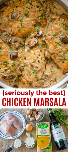 chicken marsala with mushrooms and parsley in a pan