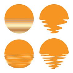 four different types of sunsets are shown in this graphic art work, each with an orange hue and the sun reflecting on water