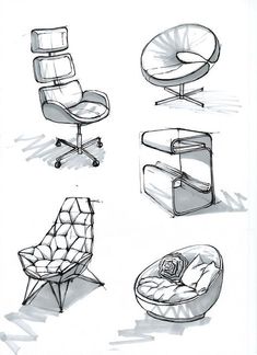 sketches of different chairs and tables on a white background