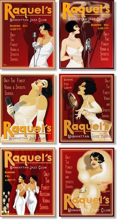 four different posters with women in white dresses and men in red, yellow and black