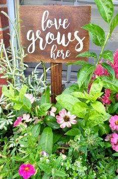 a sign that says love grows here surrounded by flowers