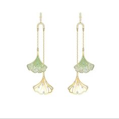 Absolutely Stunning Out Of This Works Amazing Ginkgo Leafs Earrings Authentic All Stamps Are Present: A Swan, 925, Clear Pushbacks Are Branded Too No Box Included At This Price Luxury Green Teardrop Chain U-Shape Musical Tuning Fork 2-Dangle Strands Chained Fans In Elaborate Details Incrusted With Green & White Sapphire Made With Swarovski Crystals Dangle Stud Pin Earrings. Teardrop Green Emerald & White Sapphire Silver Gold Chandelier Million Stars Shine Earrings. Add Something Sparkling To You Elegant Green Leaf-shaped Earrings, Fantasy Items, Aqua Party, Swarovski Jewelry Earrings, Luxury Green, Ginkgo Tree, Tuning Fork, Cocktail Earrings, Pin Earrings