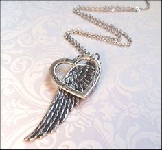 Angel Wing Necklace~Silver Angel Wing w/Heart Pendant, Remembrance Jewelry, Faith Necklace, In Memor Remembrance Jewelry, Silver Angel Wings, Faith Necklace, Angel Wing Necklace, Angel Wing Pendant, Silver Wings, Wing Necklace, Mothers Necklace, Gorgeous Gift