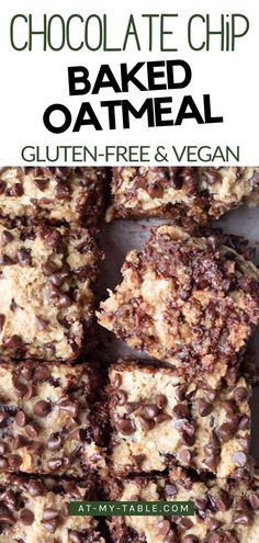 Close-up of chocolate chip baked oatmeal squares, showcasing a healthy, gluten-free breakfast option. Perfect for a quick and nutritious start to the day.