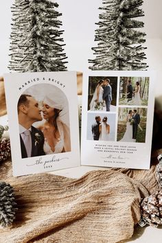 two wedding cards with photos on them next to pine cones