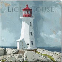 a painting of a lighthouse with the words lighthouse painted on it's front side